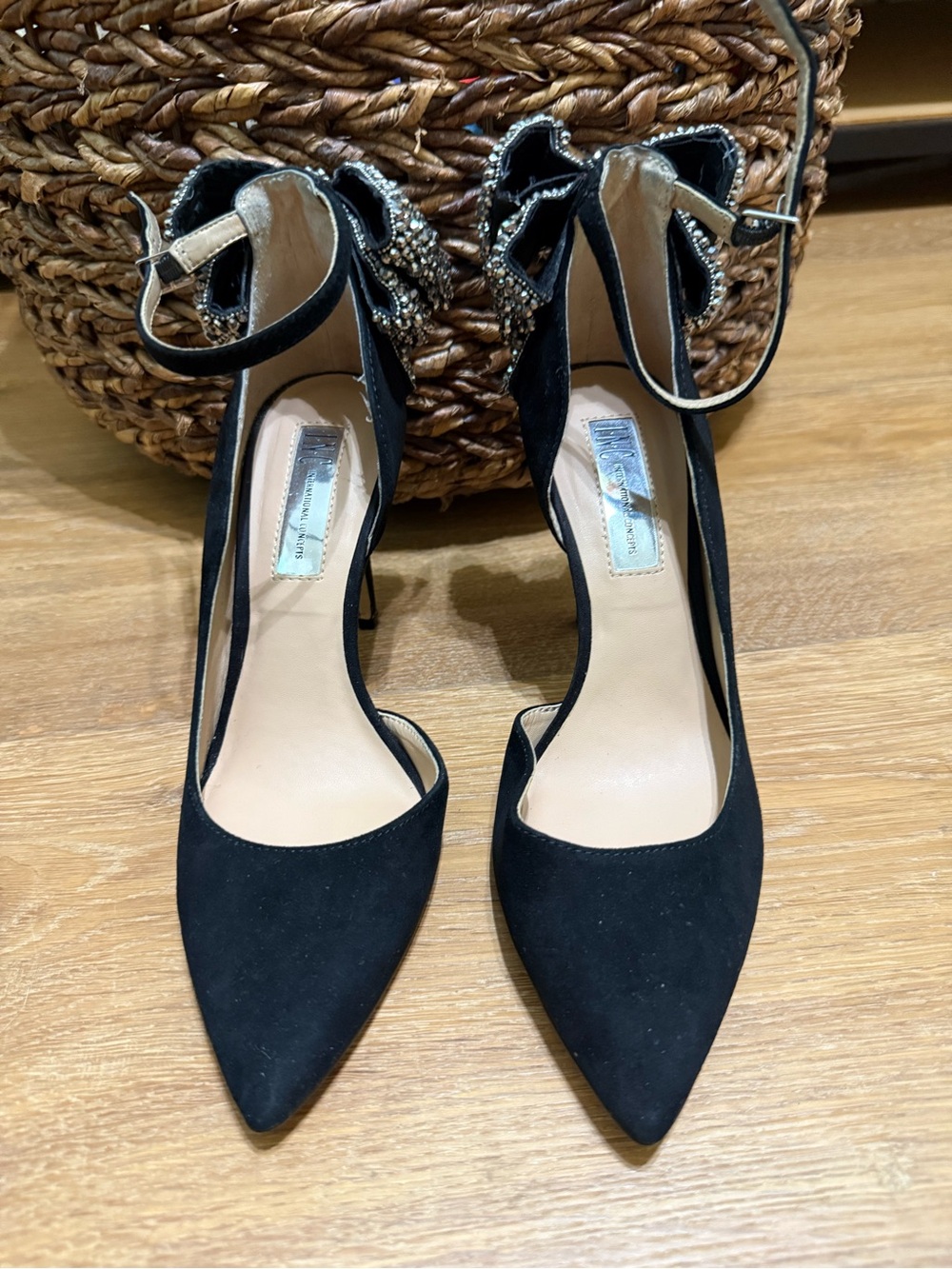 INC International Concepts Black Pointed Ankle-Strap Heels with Jeweled Bow